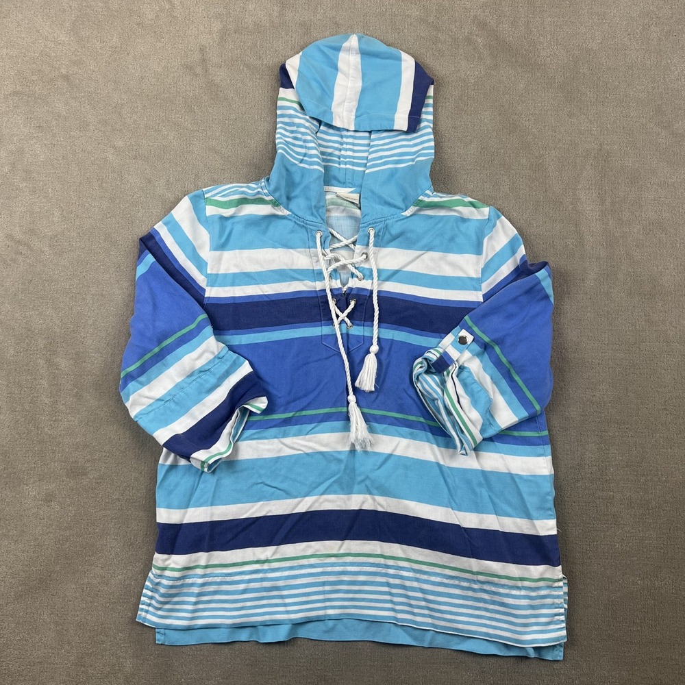 Chico's Zenergy Hoodie Women 2 Large Blue Stripe Lace Up Tassel Lyocell Top